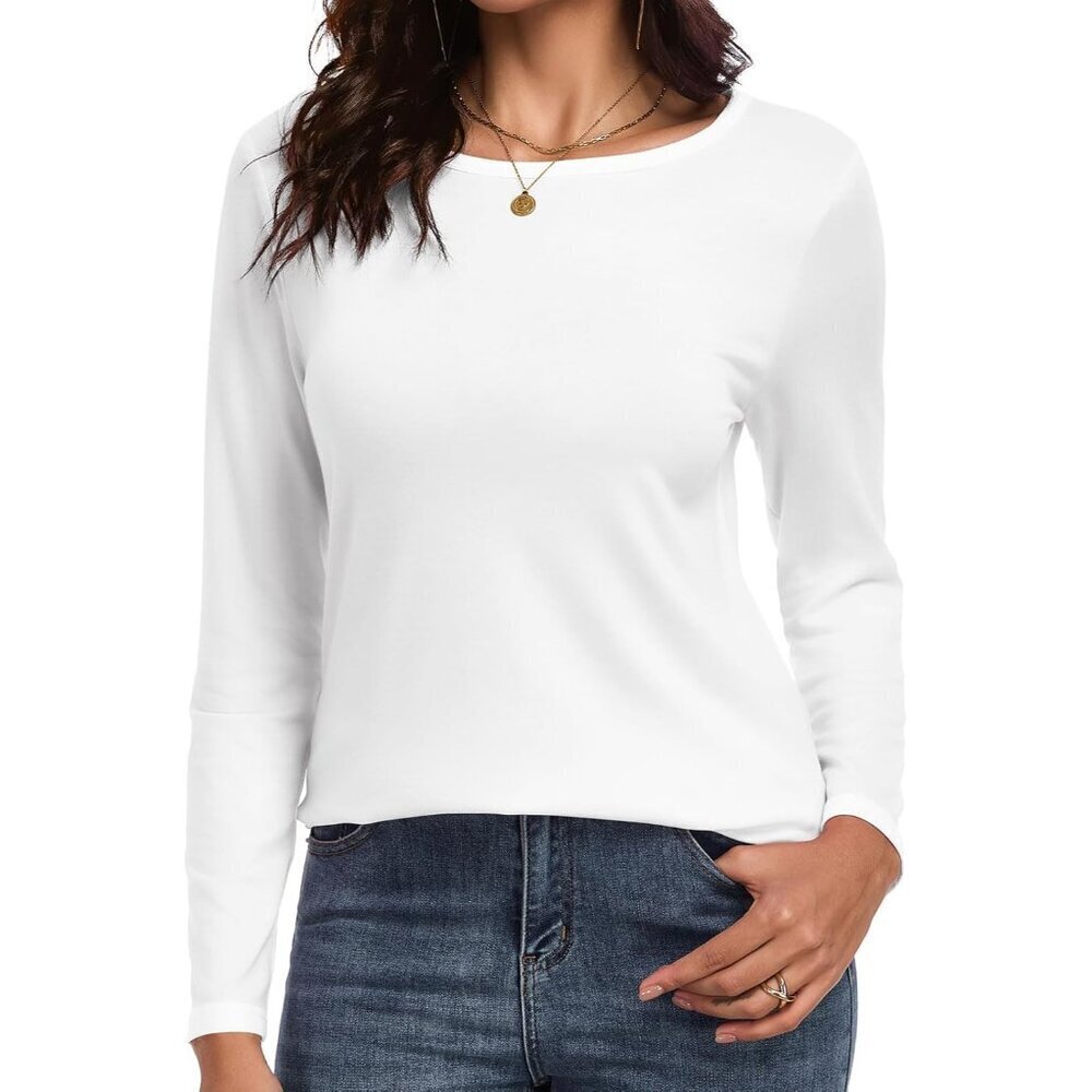 Women Long Sleeve Cotton Blend Casual T-Shirt Solid Crew Neck XL